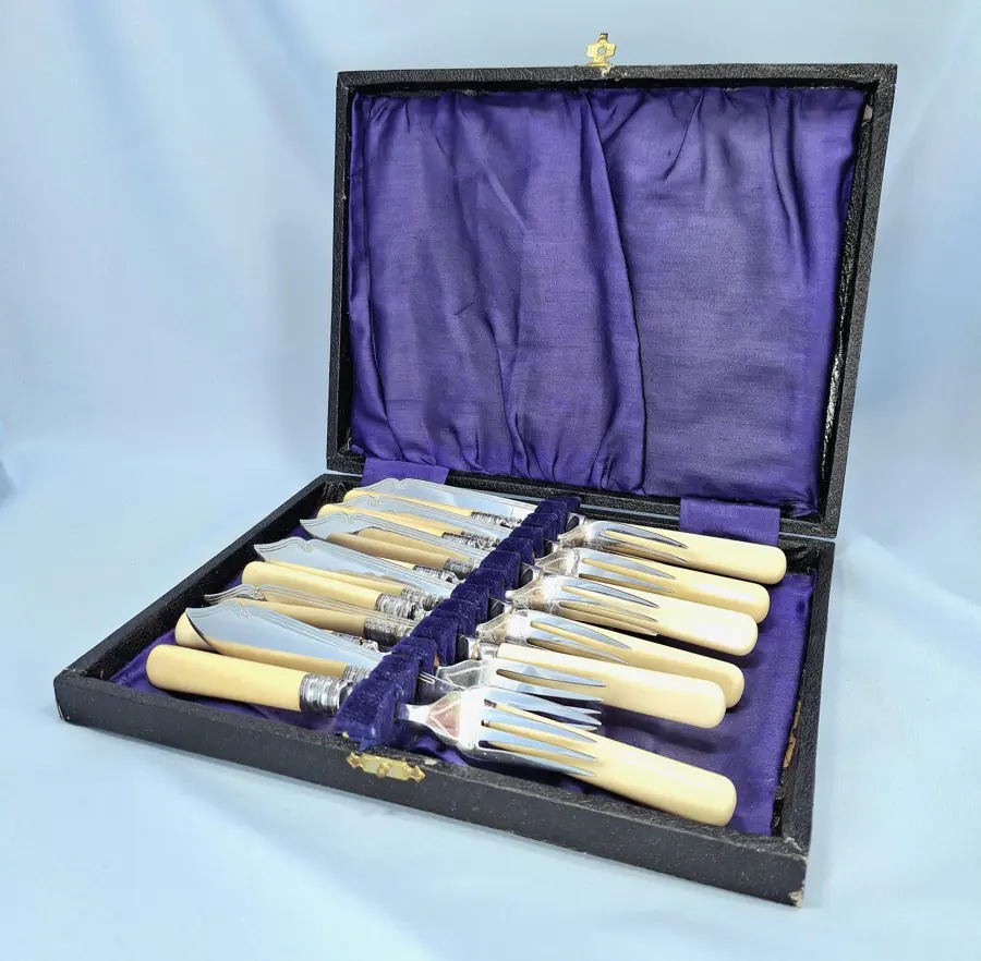 Elegant vintage carving set consisting of a knife and fork, presented in its original box.