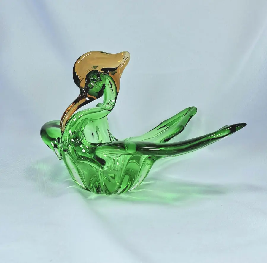 Art Glass Swan Bowl, Green Gold Murano Style Centerpiece