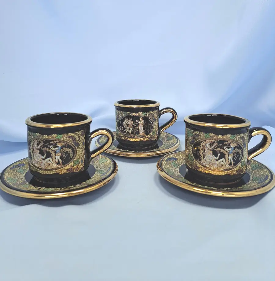 Greek 24K Gold Espresso Cup & Saucer, Vintage Terracotta Demitasse, Choose 1, 2 or 3