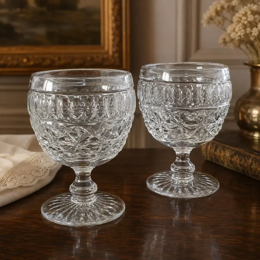 Antique Cut Crystal Rummers, Pair of British Glass Goblets, 1920s