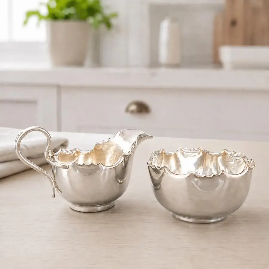Antique Daniel & Arter EPNS Creamer and Sugar Bowl Set, Silver Plated Tea Service