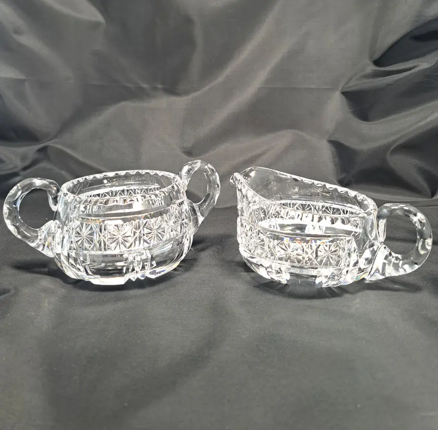 Vintage Cut Glass Sugar Bowl and Creamer Set, Clear Starburst Tea Tableware