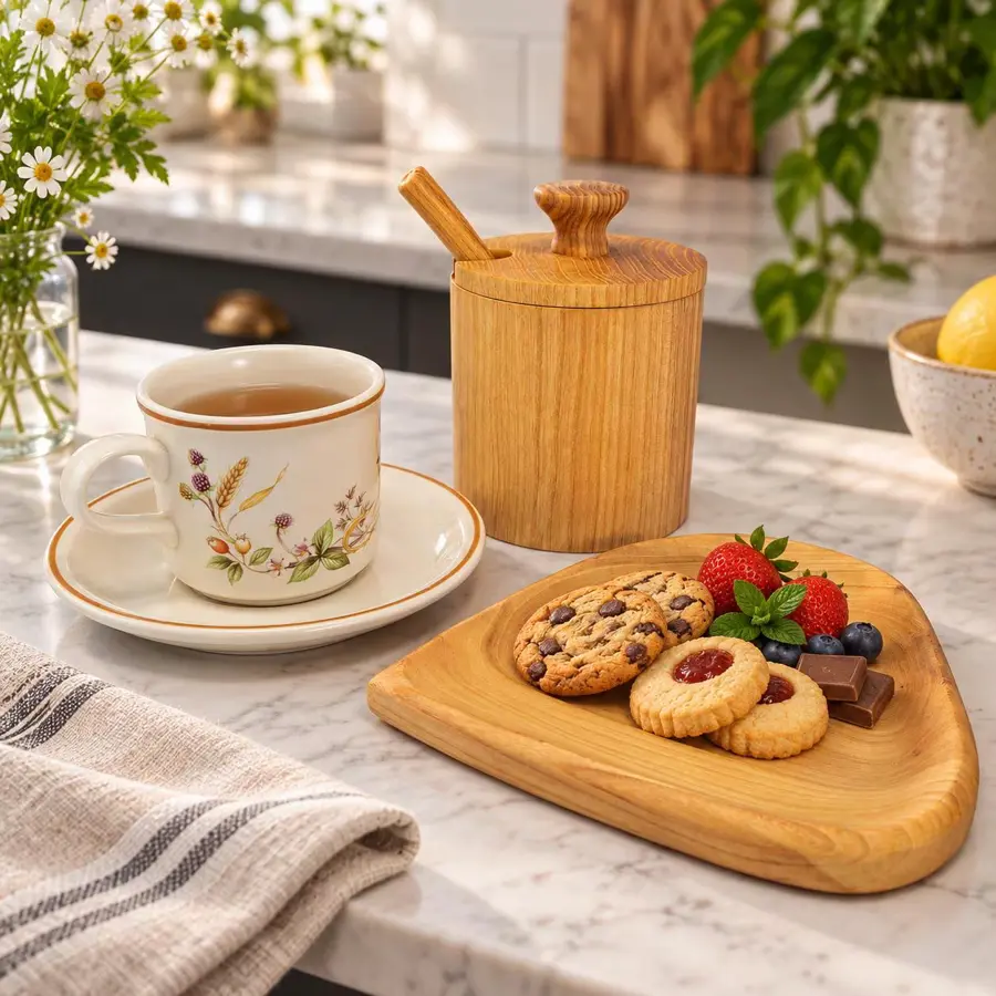 New Home Gift Set, Vintage Marks & Spencer Harvest Tea Set with Handmade Wood