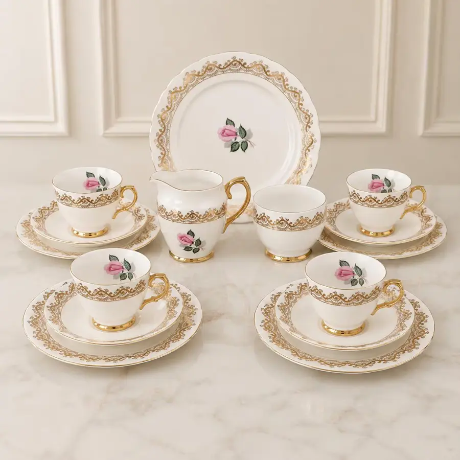 Vintage Taylor & Kent Pink Rose Bone China Tea Set – 15 Piece Service for Four