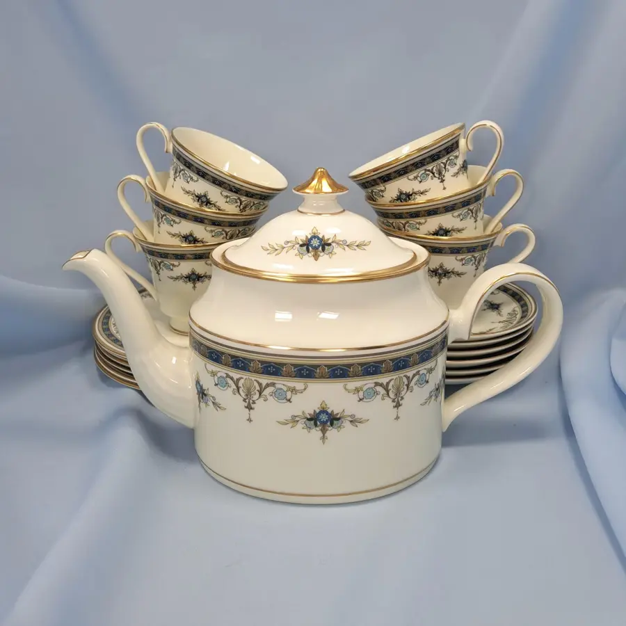 Minton Grasmere Blue Tea Set for 6, Vintage English Bone China Teapot and Trios