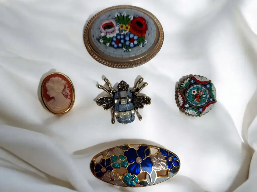Vintage Brooches: Italy Micro Mosaic, Cloisonne Enamel, Bee, Cameo