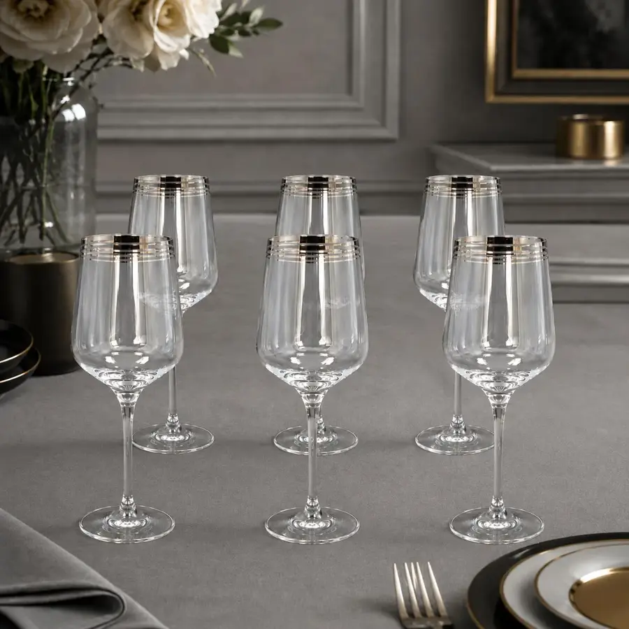 Vintage Silver Rim Wine Glasses, Tall Stemmed Goblets, Set of 6