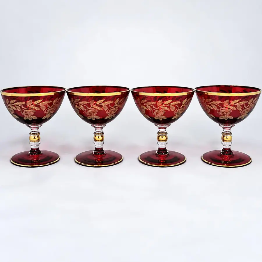 Ruby Red Champagne Coupe Glasses, Vintage Set of 4 Gold Floral Stemware