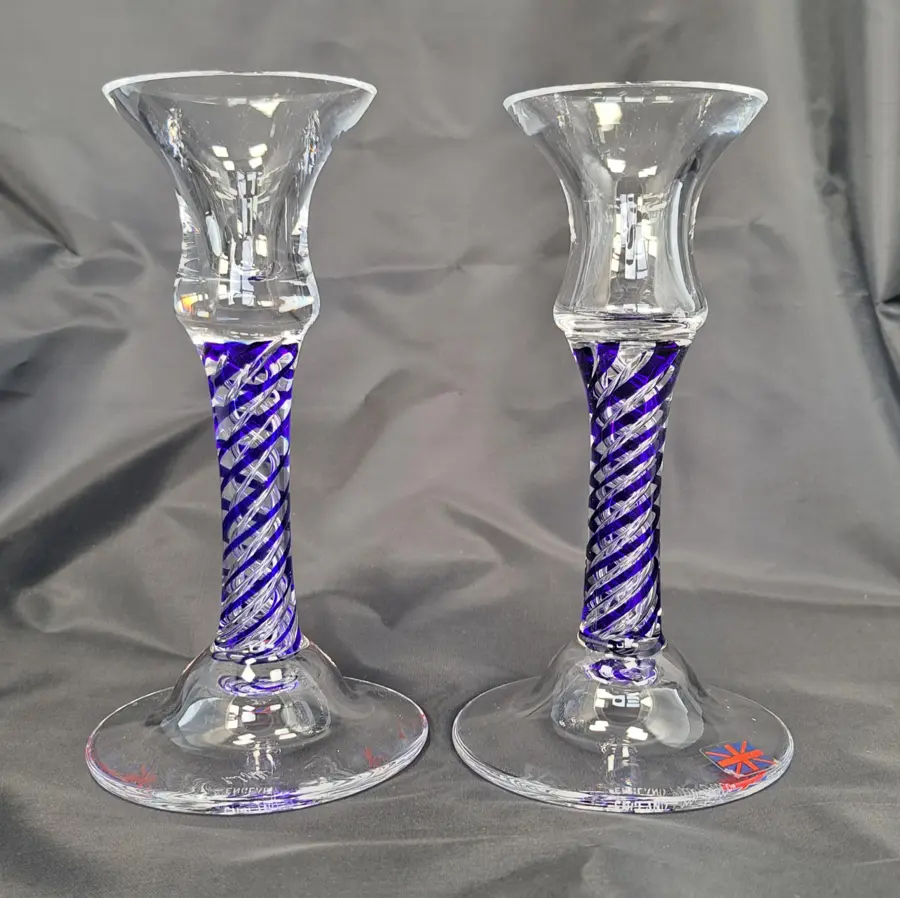 Langham Glass Olde English Candlesticks, Signed Paul Miller Sapphire Pair