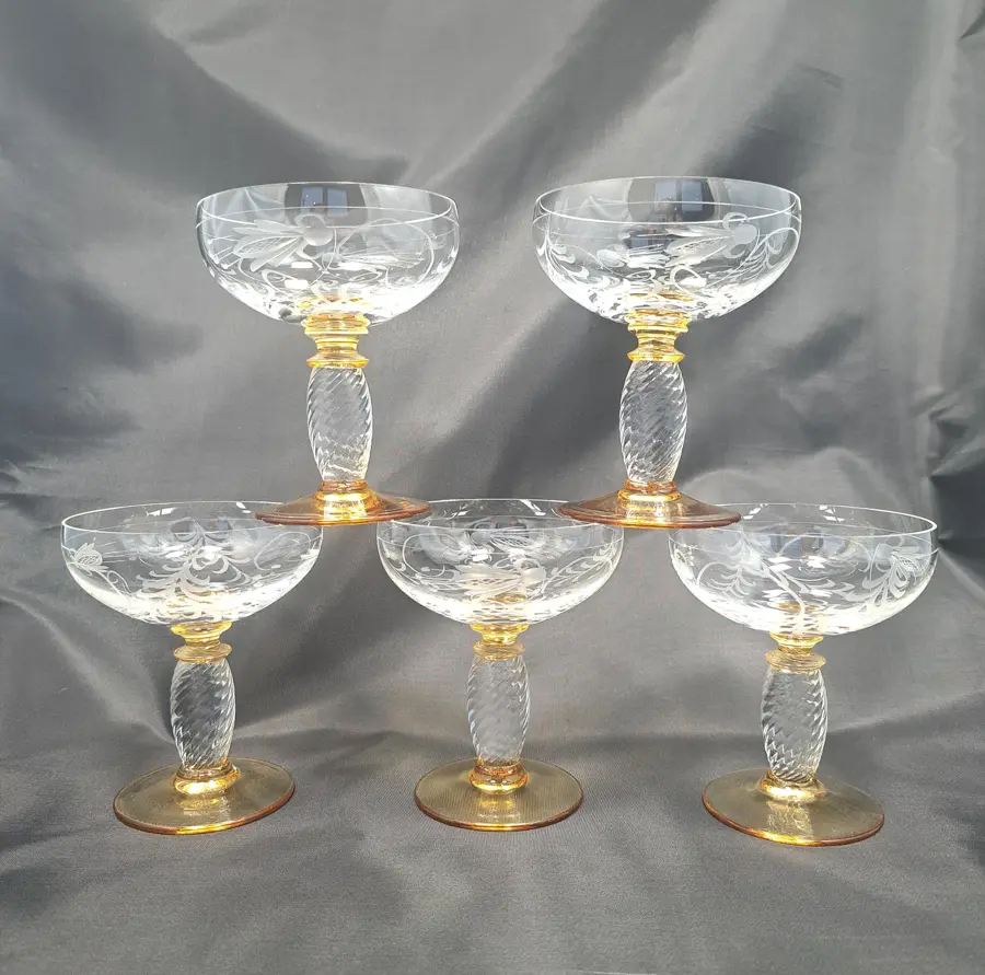 Vintage Amber-Stem Crystal Coupe Glasses
