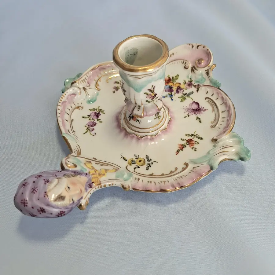 Antique KPM Berlin Porcelain Chamberstick, Figural Lady Handle, Floral Candlestick