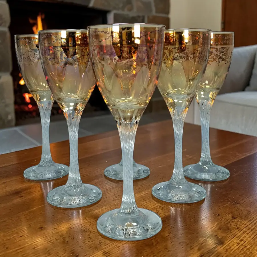 Vintage Umber Wine Glasses, Set of 6, Gold Trim Twisted Stems