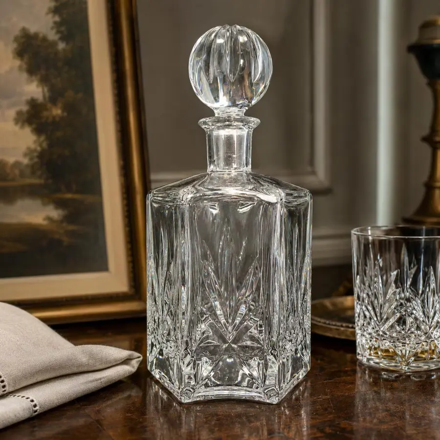 Vintage Cut Glass Whisky Decanter, Square Bottle with Ball Stopper