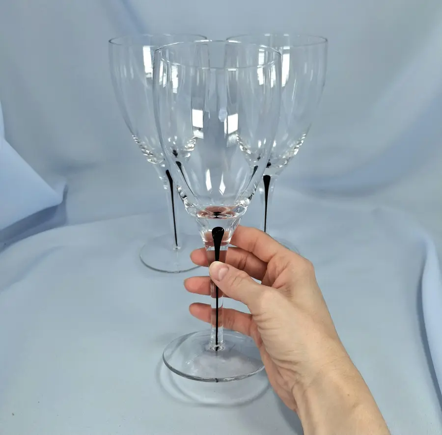 Black Drop Stem Wine Glass goblets, Scandinavian Modern Orrefors Metropol Style