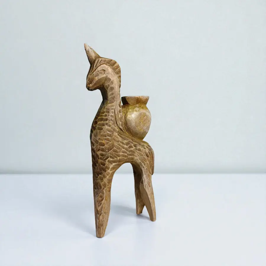 Handmade Wooden Candle Holders - Hand Carved Elm Wood Figurines: Unicorn and girl on a horse