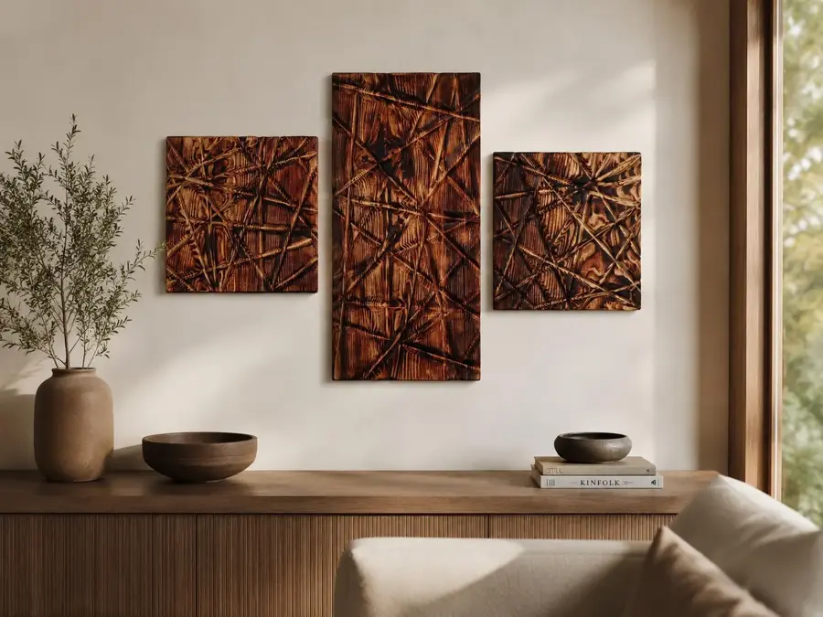Wood Wall Art, Handmade Wall Hanging Decor, Hand-Carved Pine Panels (Set of 3)