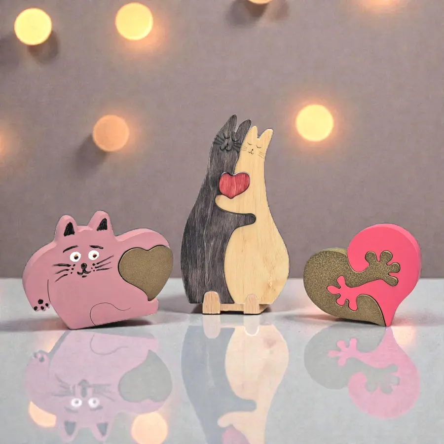 Hand-Carved Wooden Cat Puzzle, Handmade Folk Art Decor, Love Cat Figurines, Valentines Day Gift