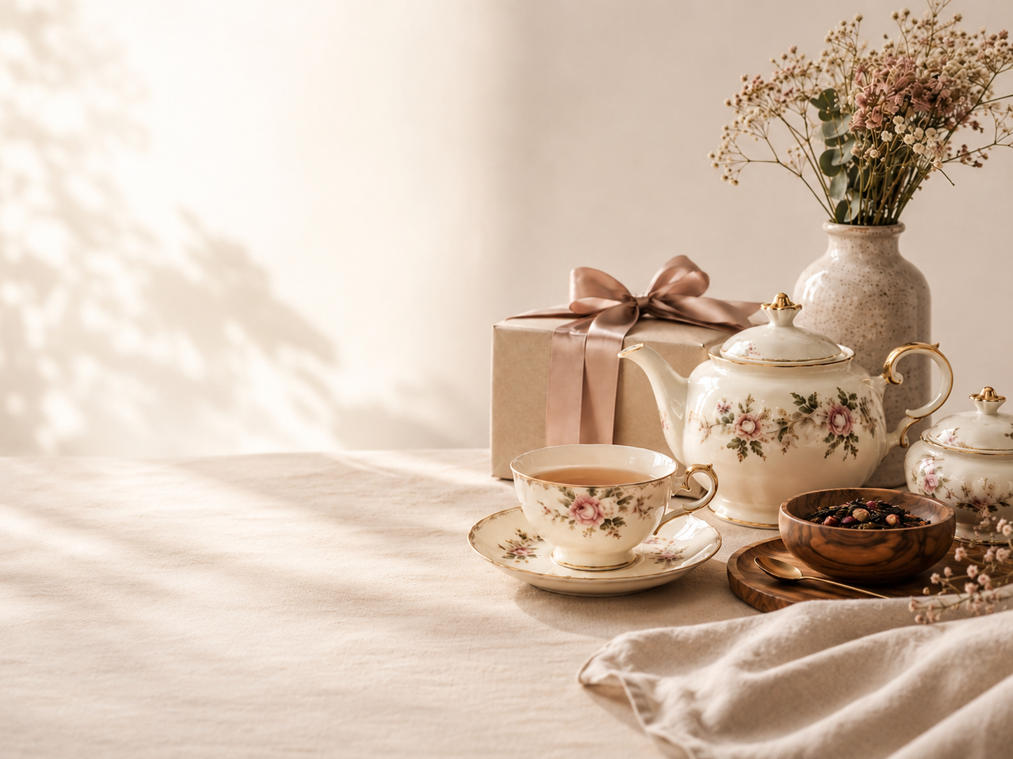 Vintage porcelain tea set and wrapped gift styled for a thoughtful tea lover