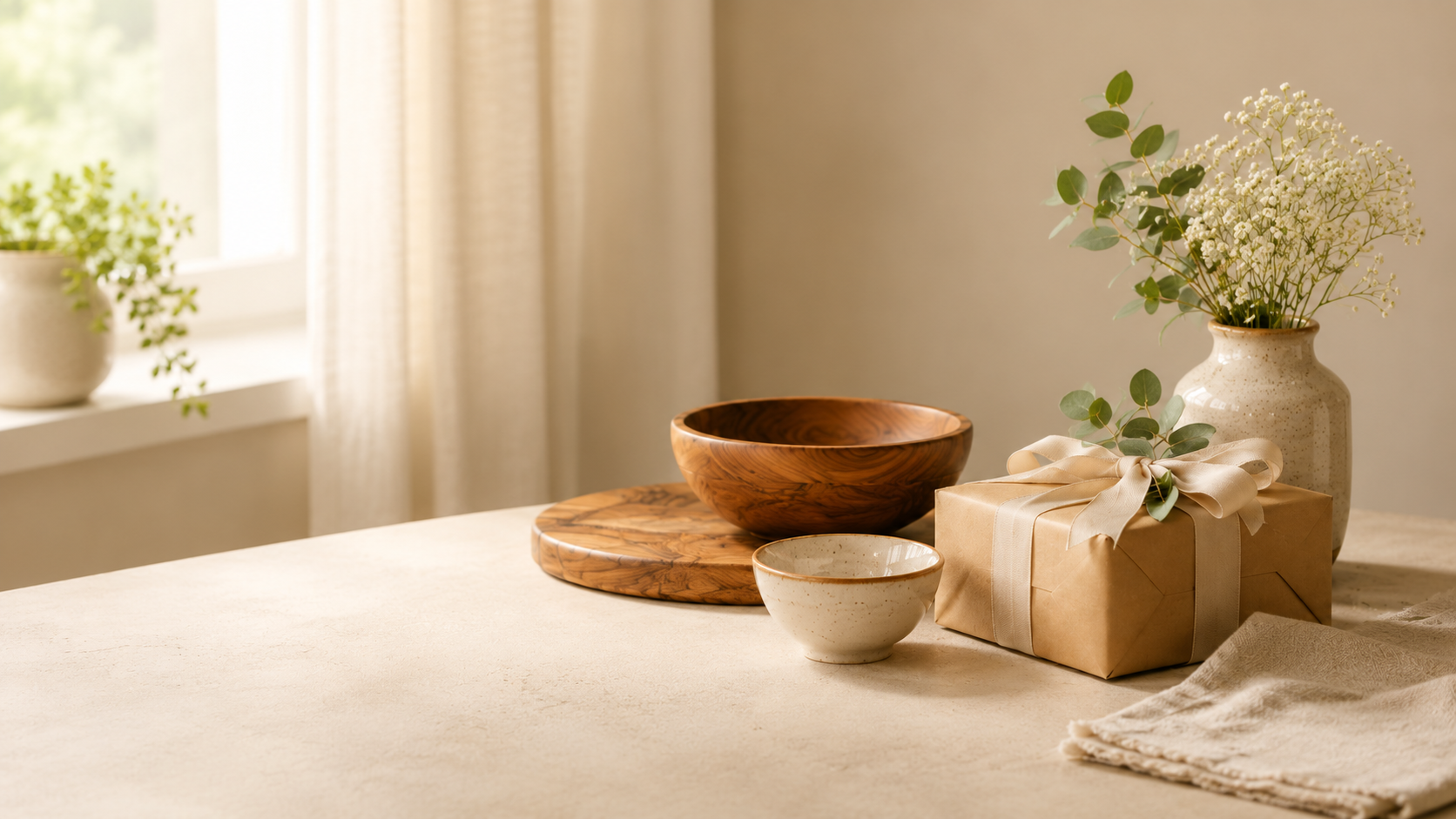 Wooden bowl, serving board and wrapped gift styled for a warm new home