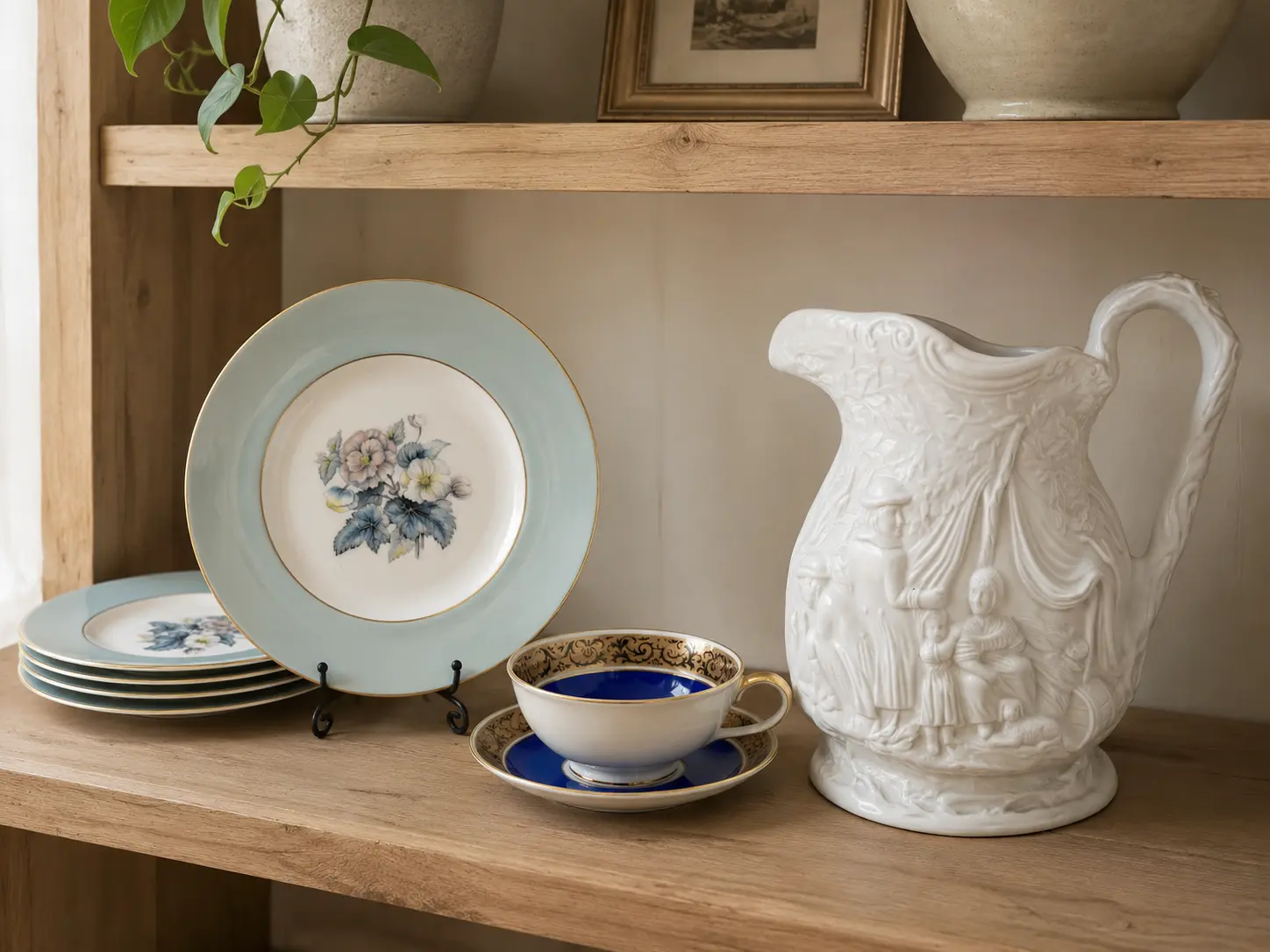 Open wooden kitchen shelf styled with pale-blue Royal Worcester Woodland plates, a vintage Rosenthal cup and a white Portmeirion jug.