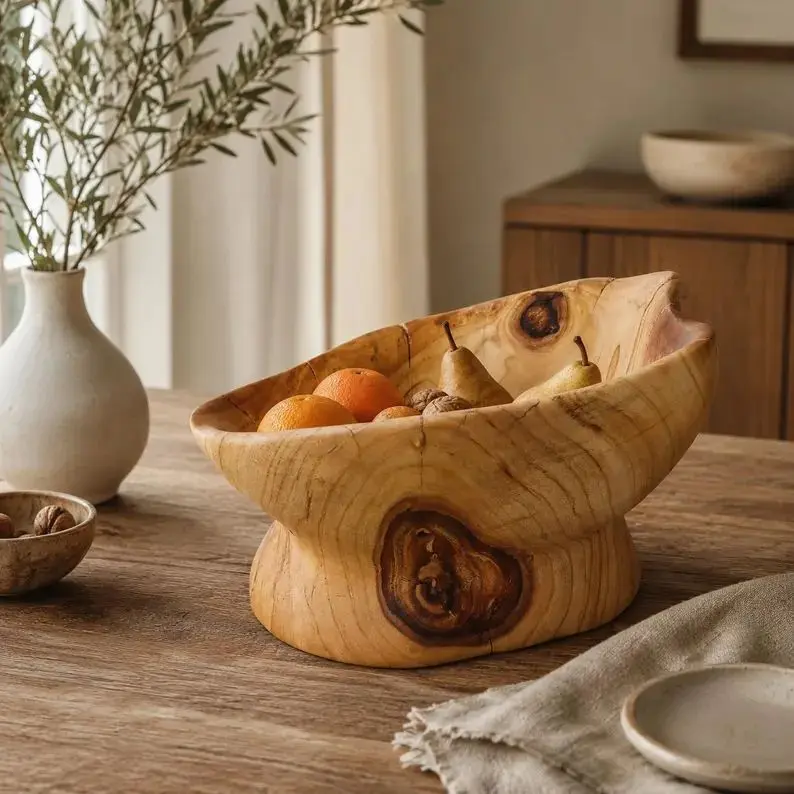Hand-carved maple root burl bowl filled with fruit in a warm cottage kitchen setting.