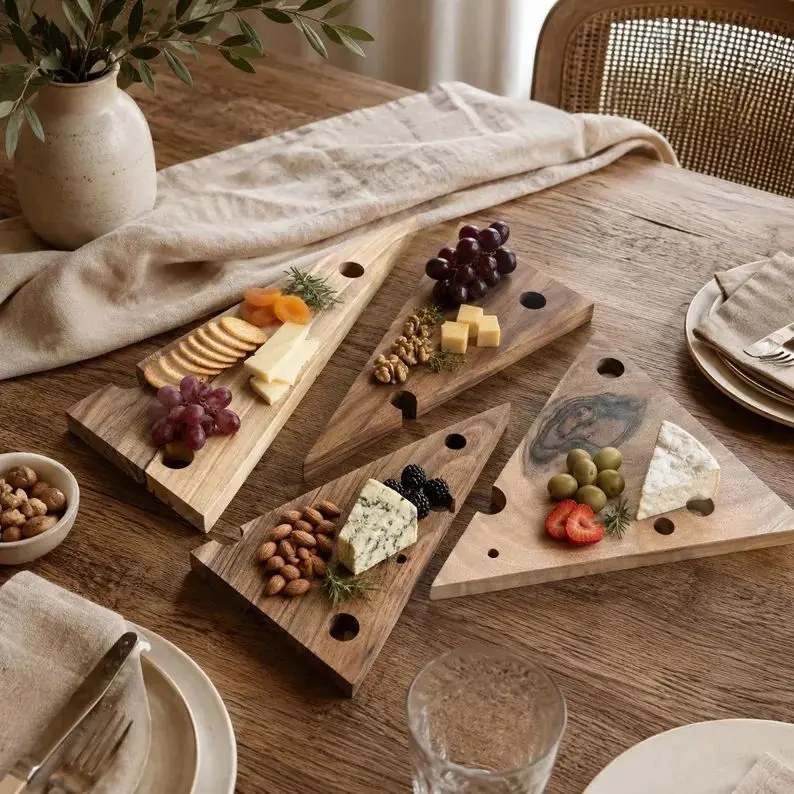 Set of four walnut cheese wedge serving boards.