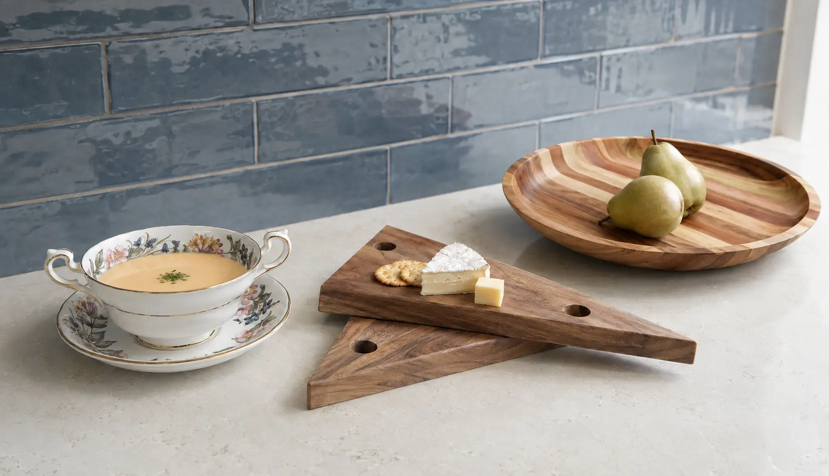 Floral Paragon porcelain paired with walnut cheese boards and a striped wooden serving bowl on a cottage kitchen counter.