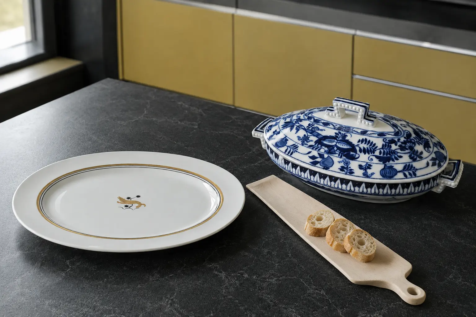 Blue and white vintage serving dishes layered with a walnut and maple bread board on a graphite counter.