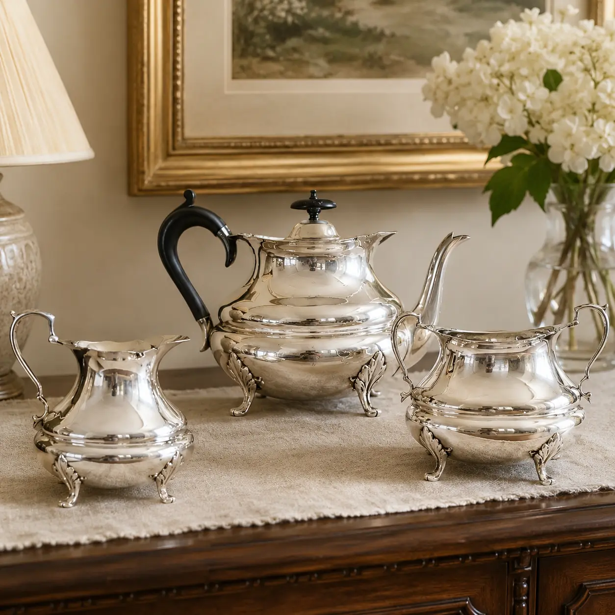 Sheffield 1913 silver-plated teapot, sugar bowl and creamer displayed on a dark wooden sideboard.