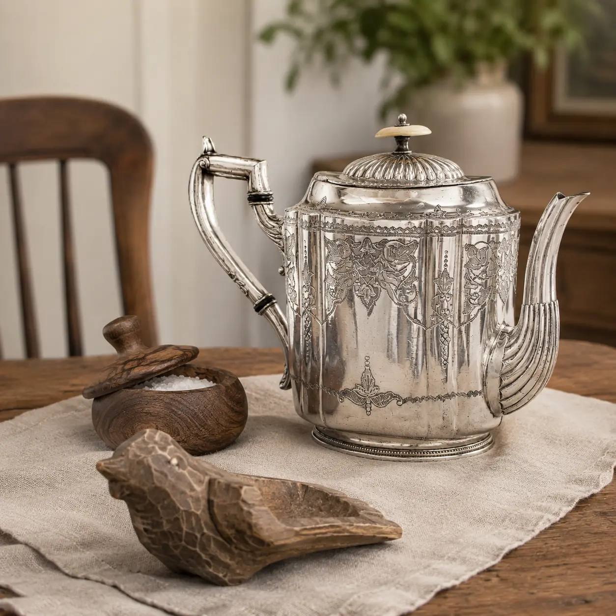 Antique silver-plated teapot styled with warm rustic wooden objects in a cottage kitchen.