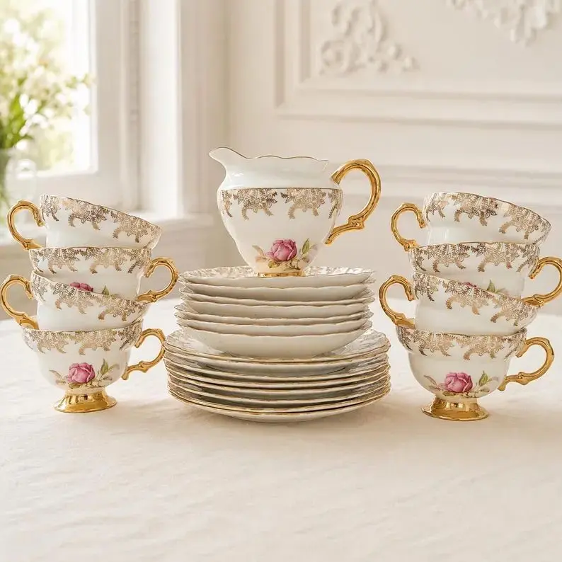 Rosina pink rose bone china tea set.