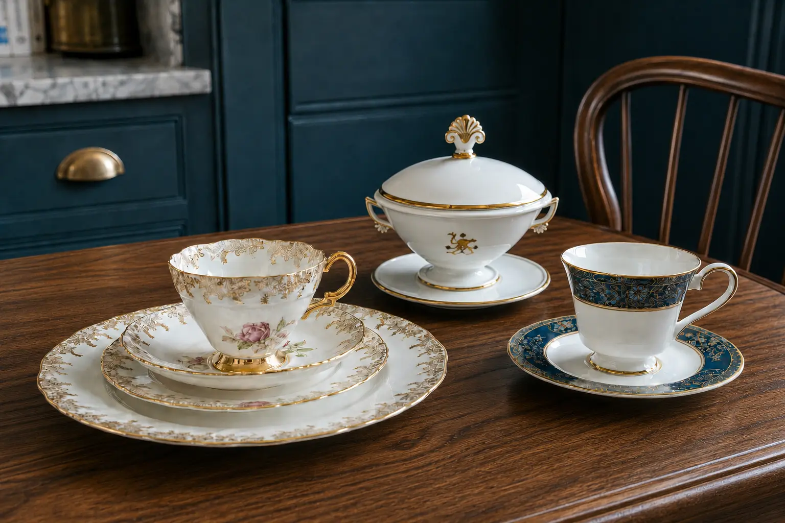Collected table setting with Rosina floral china, a Royal Doulton Carlyle cup and a small Royal Copenhagen sauce tureen.
