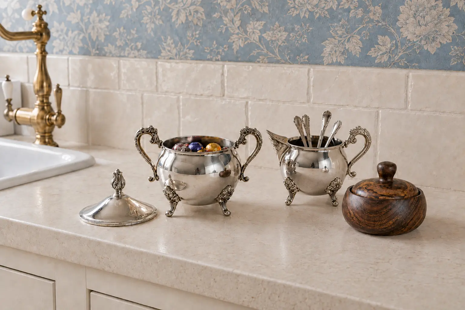 Useful kitchen objects arranged as decoration, including wooden storage, an open silver sugar bowl and a matching creamer.