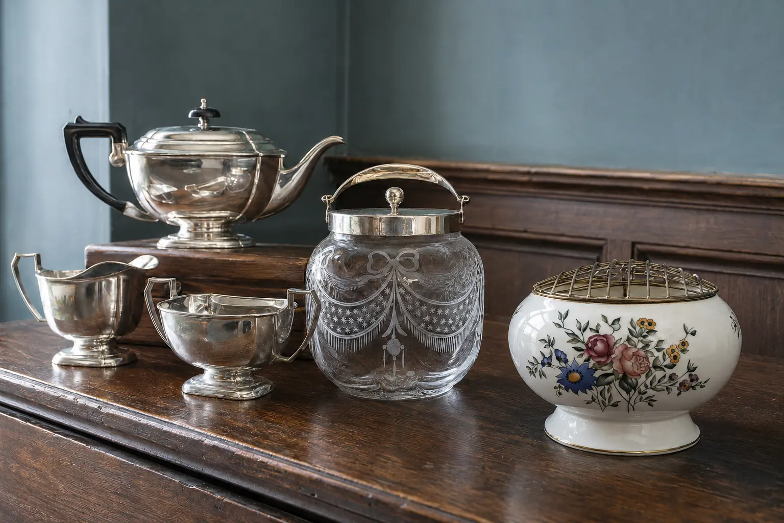 Aged silver, etched glass and floral Wedgwood china arranged in a warm cottage kitchen.